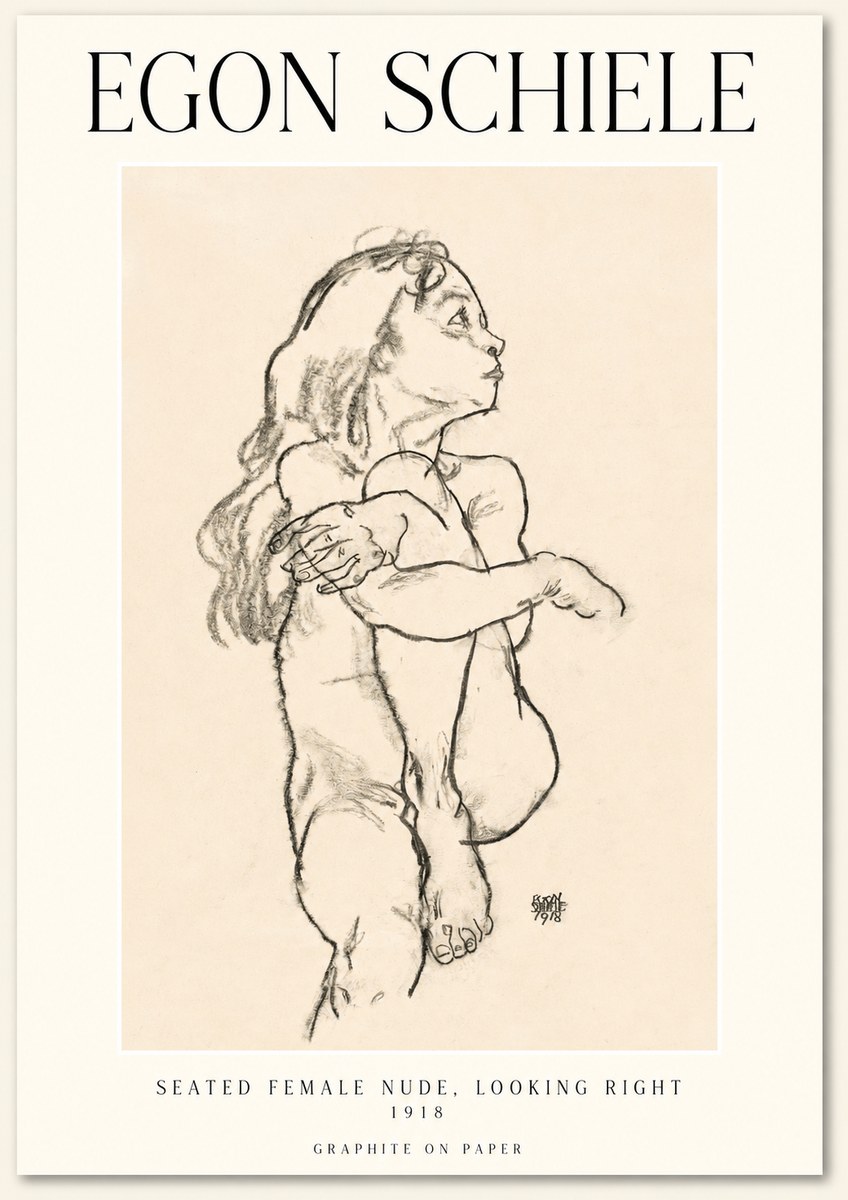 Schiele Seated Female Nude, Looking Right No1 - Affiche