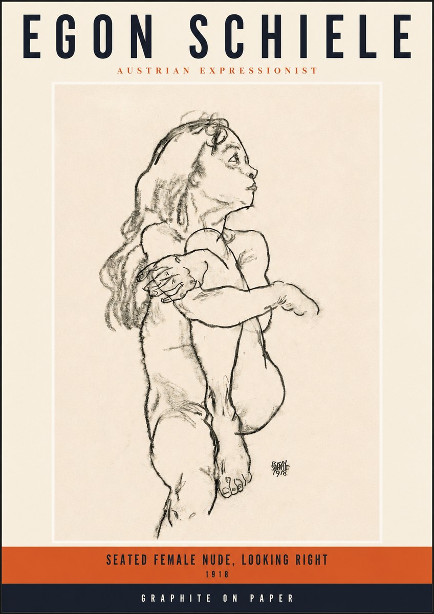 Schiele Seated Female Nude, Looking Right No2 - Affiche