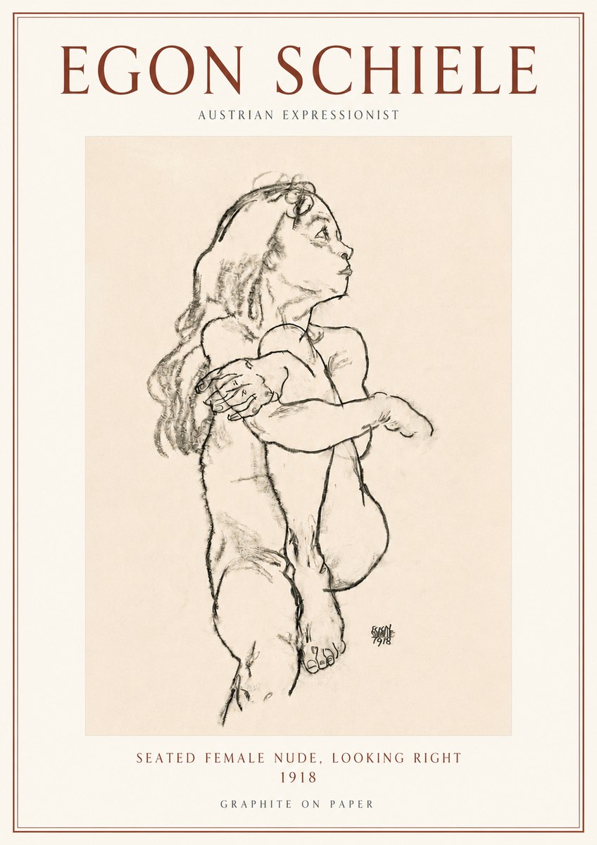 Schiele Seated Female Nude, Looking Right No3 - Affiche