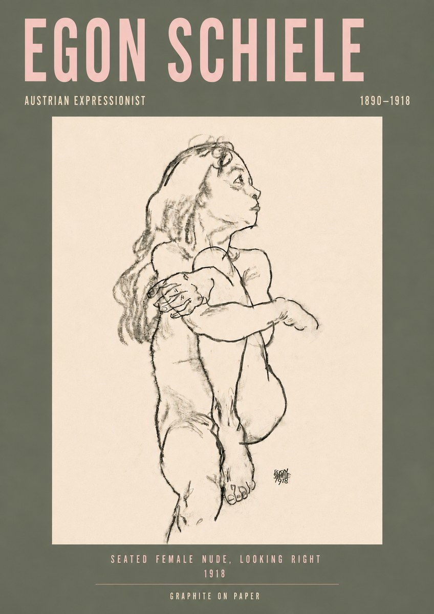 Schiele Seated Female Nude, Looking Right No4 - Affiche