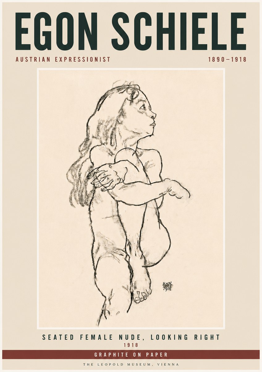 Schiele Seated Female Nude, Looking Right No6 - Affiche