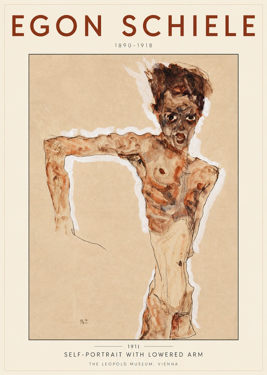 Schiele Self-portrait with Lowered Arm No3 - Affiche