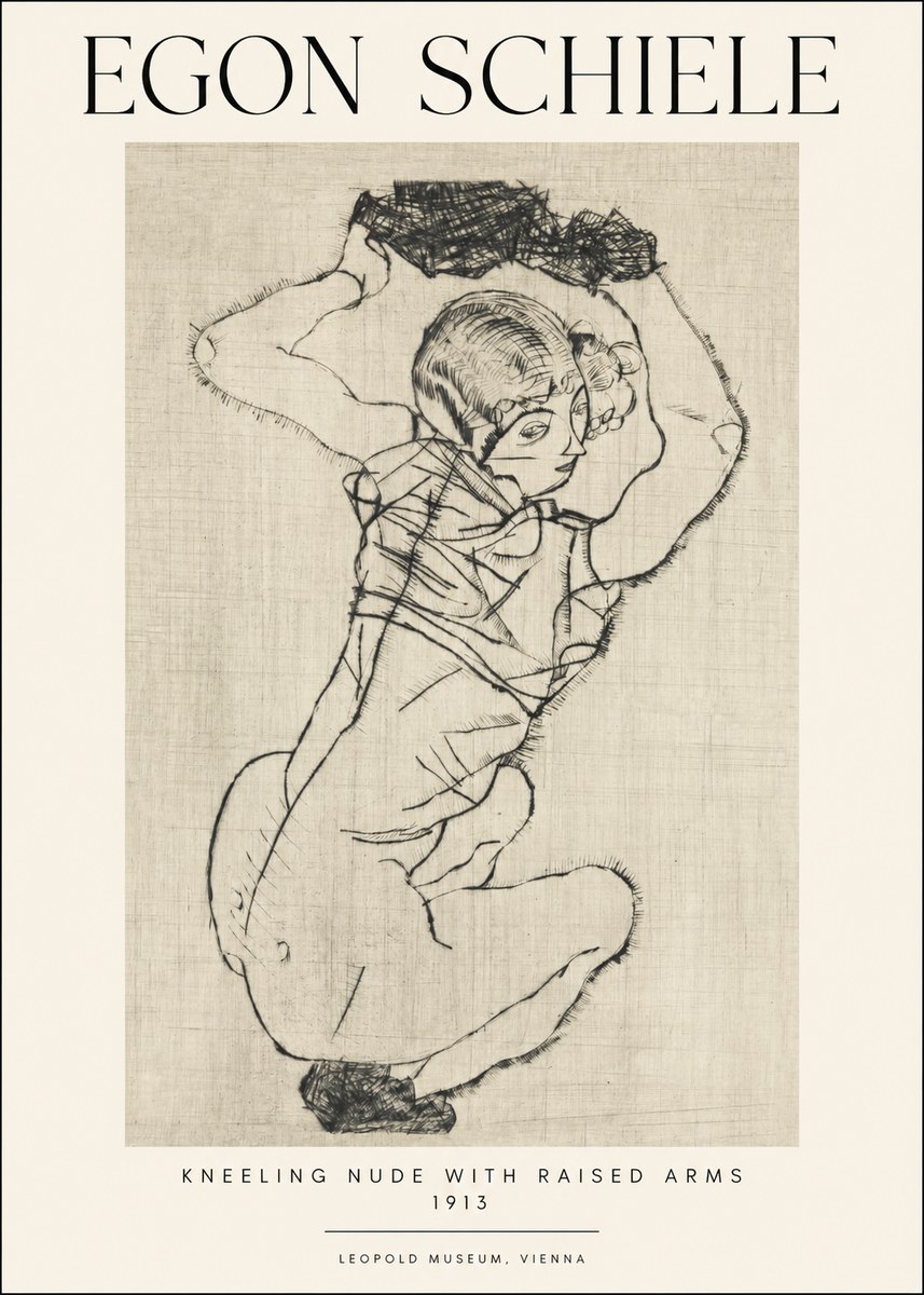 Schiele Kneeling Nude with Raised Arms No1 - Affiche