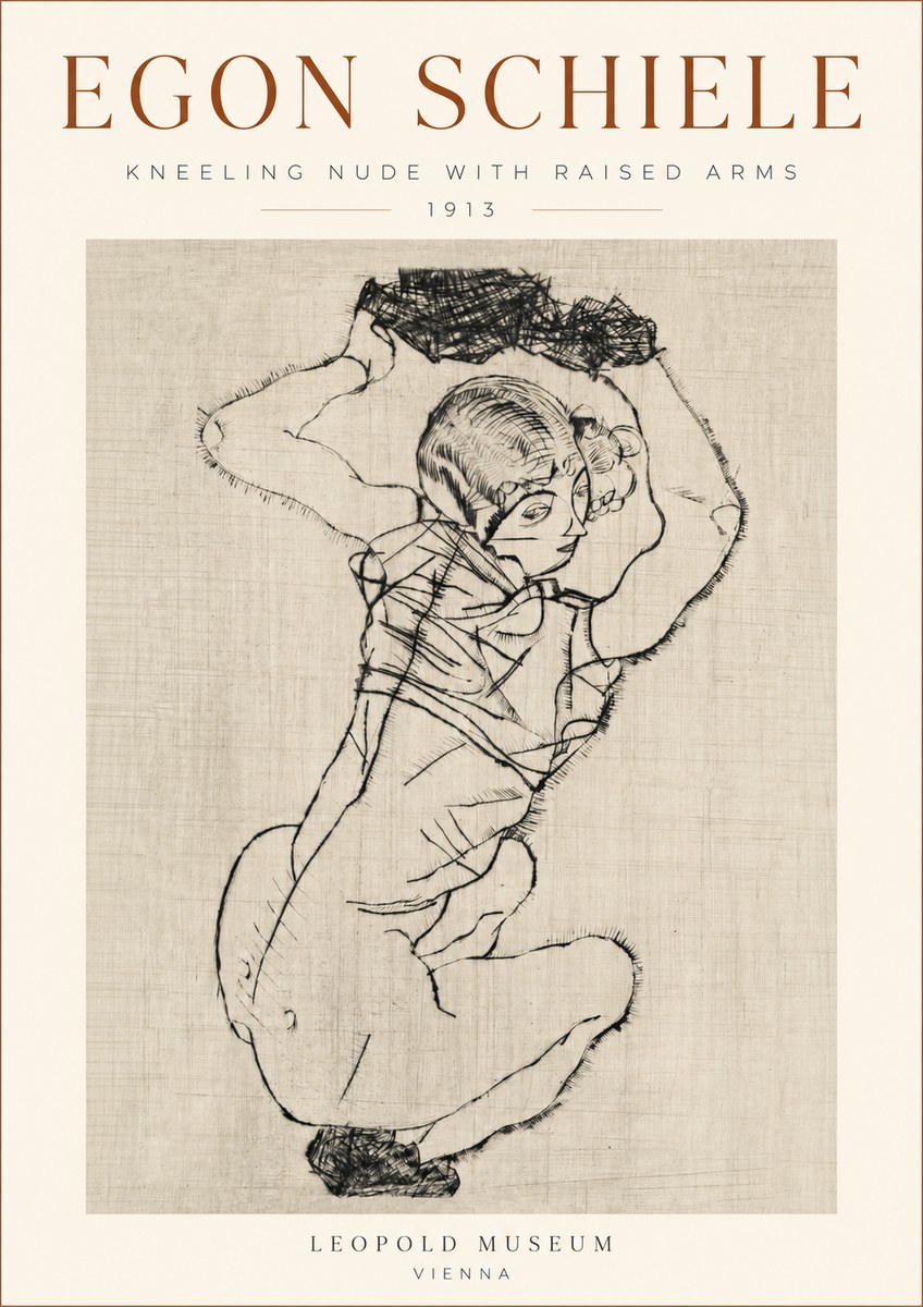 Schiele Kneeling Nude with Raised Arms No3 - Affiche