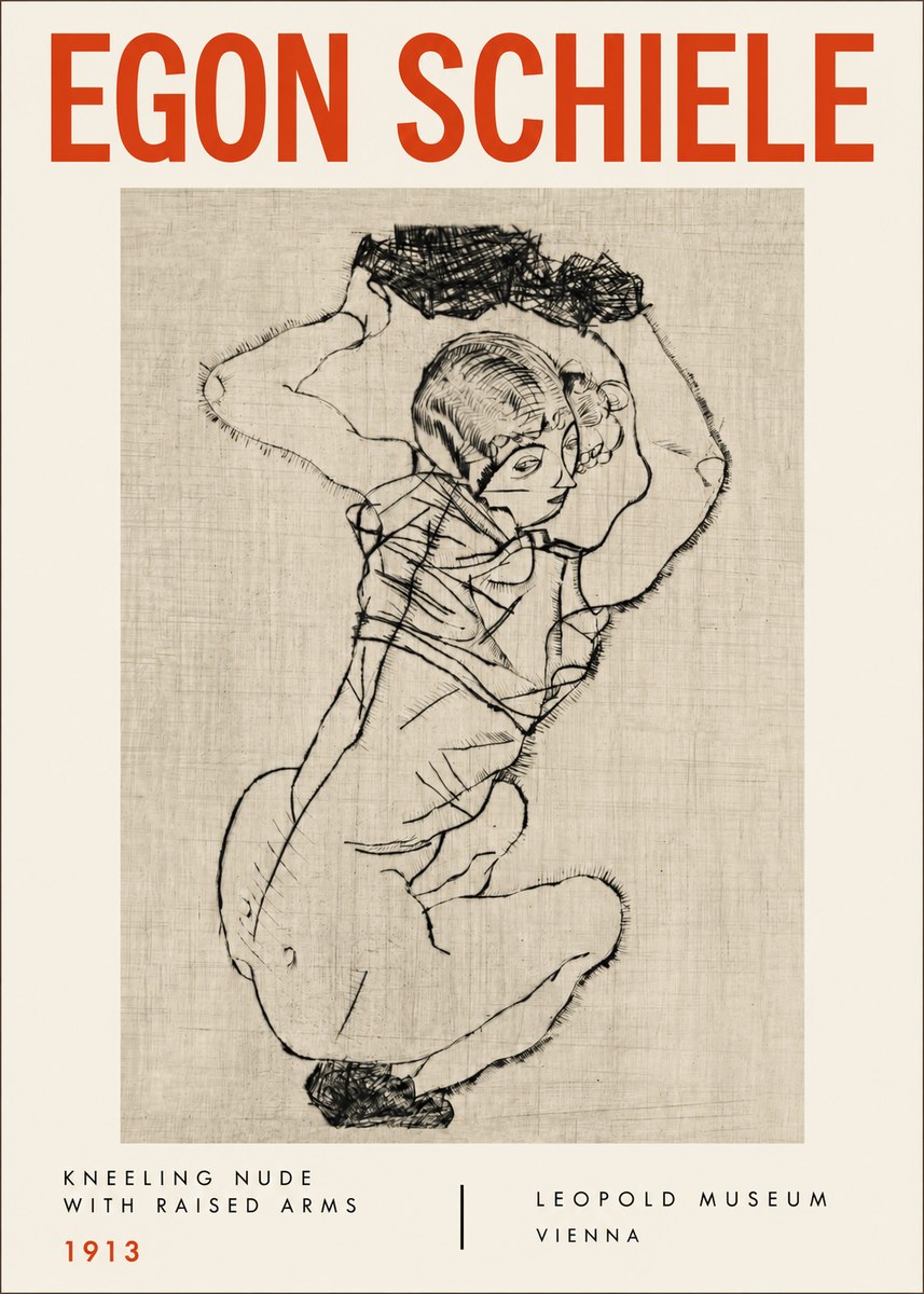 Schiele Kneeling Nude with Raised Arms No4 - Affiche