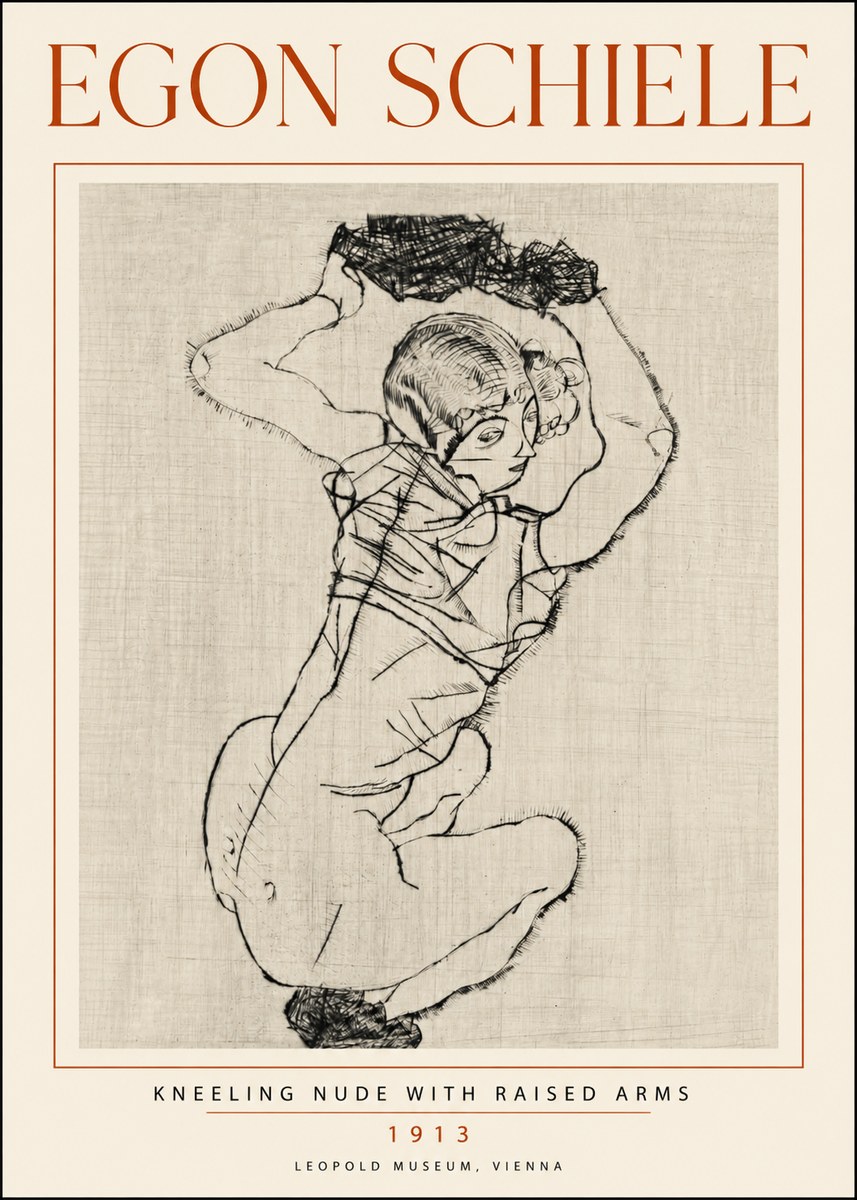 Schiele Kneeling Nude with Raised Arms No5 - Affiche