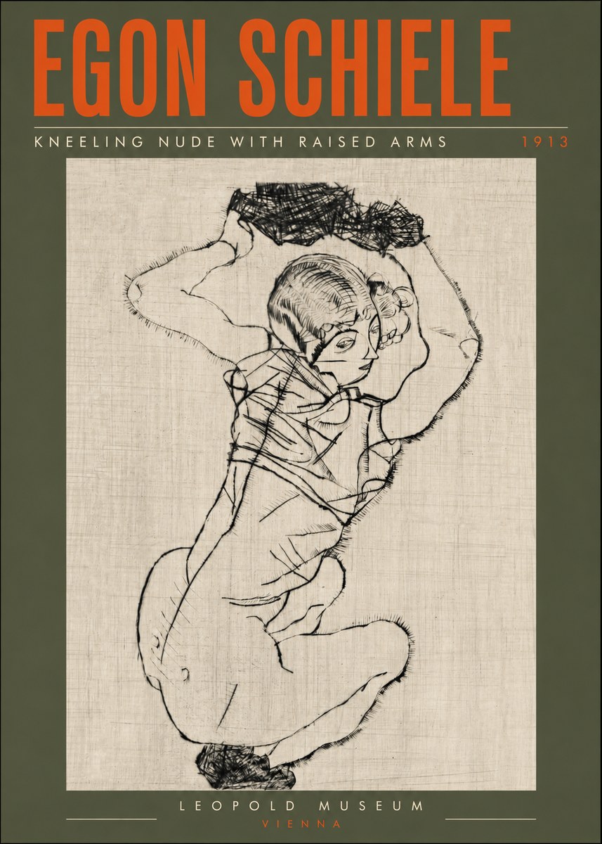 Schiele Kneeling Nude with Raised Arms No6 - Affiche