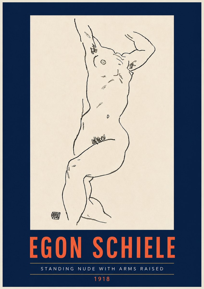 Schiele Standing Nude with Arms Raised No4 - Affiche