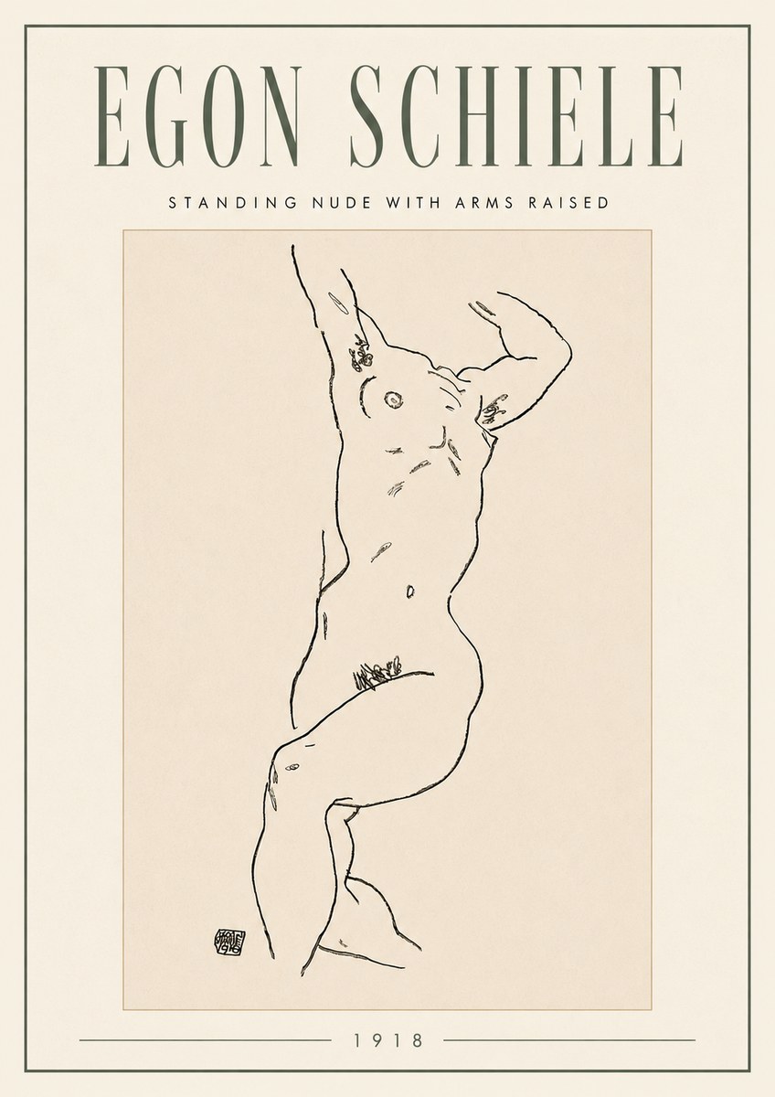 Schiele Standing Nude with Arms Raised No5 - Affiche