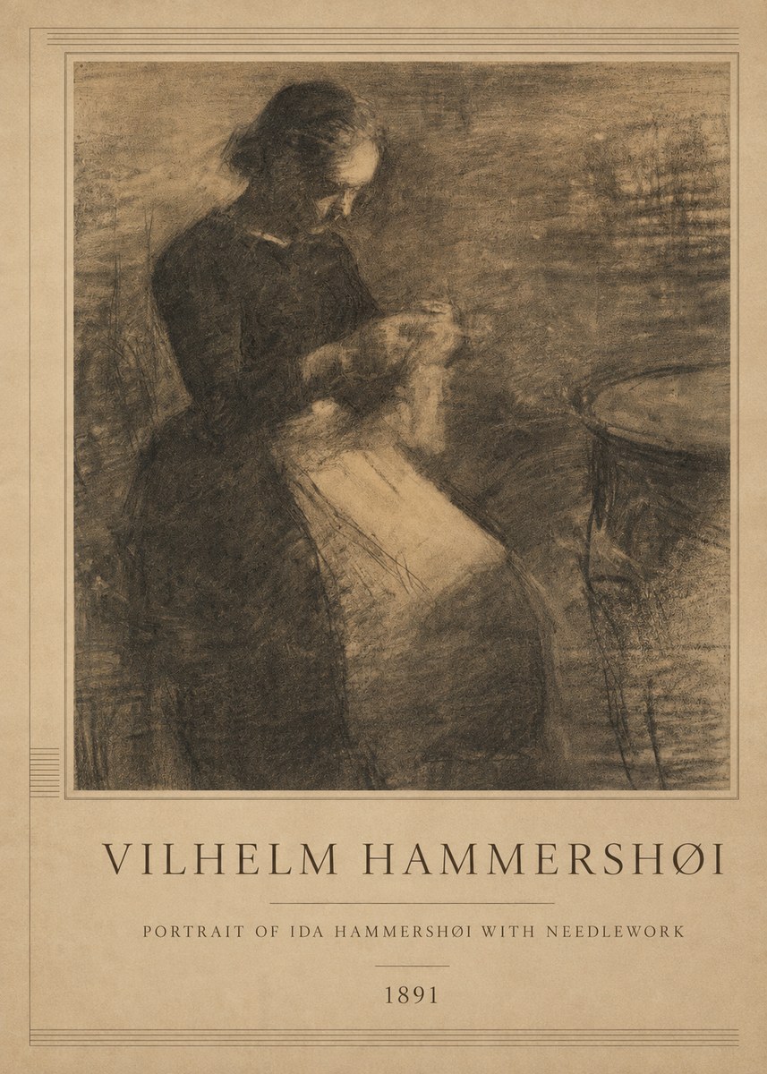 Vilhelm Hammershøi Portrait of Ida Hammershøi with Needlework No1 - Affiche
