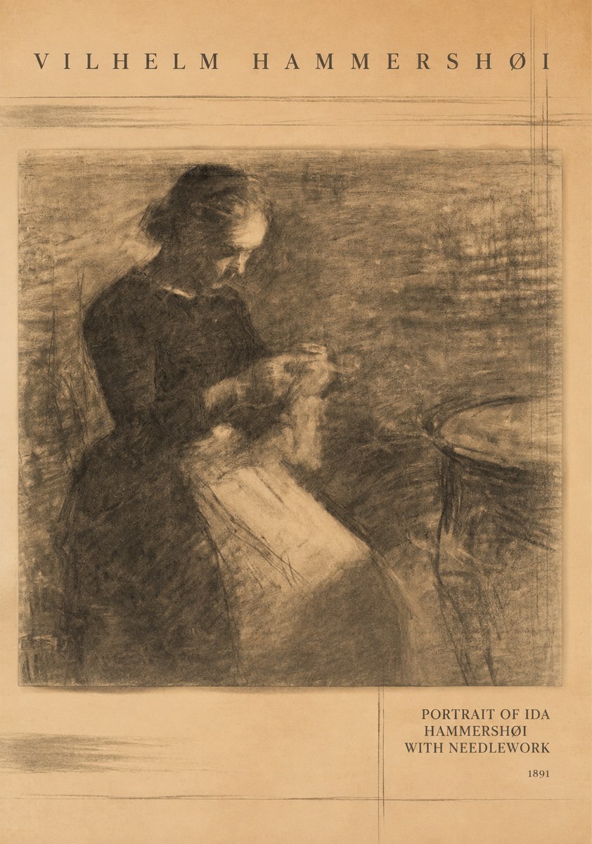 Vilhelm Hammershøi Portrait of Ida Hammershøi with Needlework No3 - Affiche