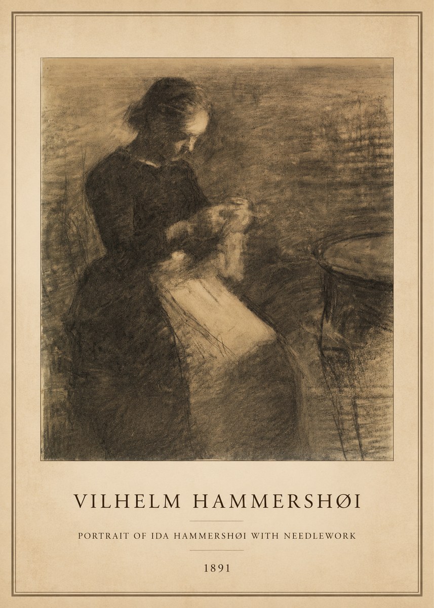 Vilhelm Hammershøi Portrait of Ida Hammershøi with Needlework No5 - Affiche