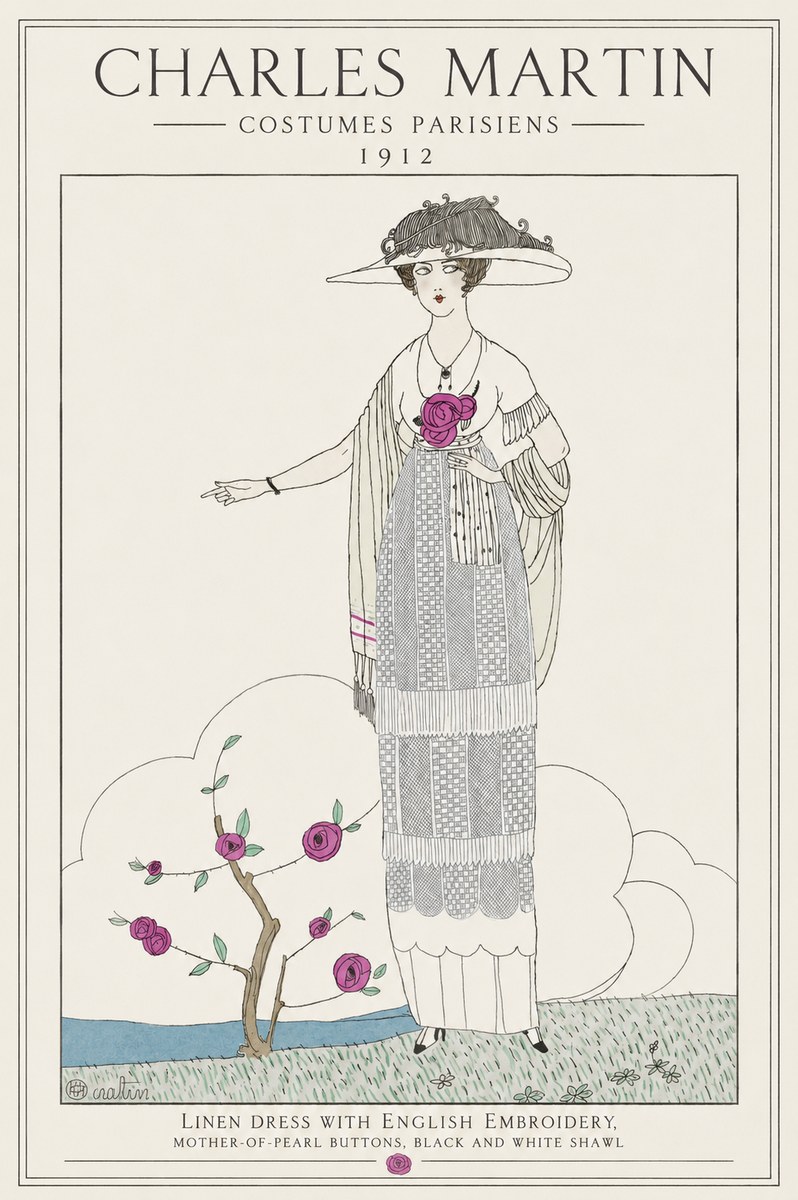 Charles Martin Linen Dress with English Embroidery, Mother-of-pearl Buttons, Black and White Shawl No1 - Affiche