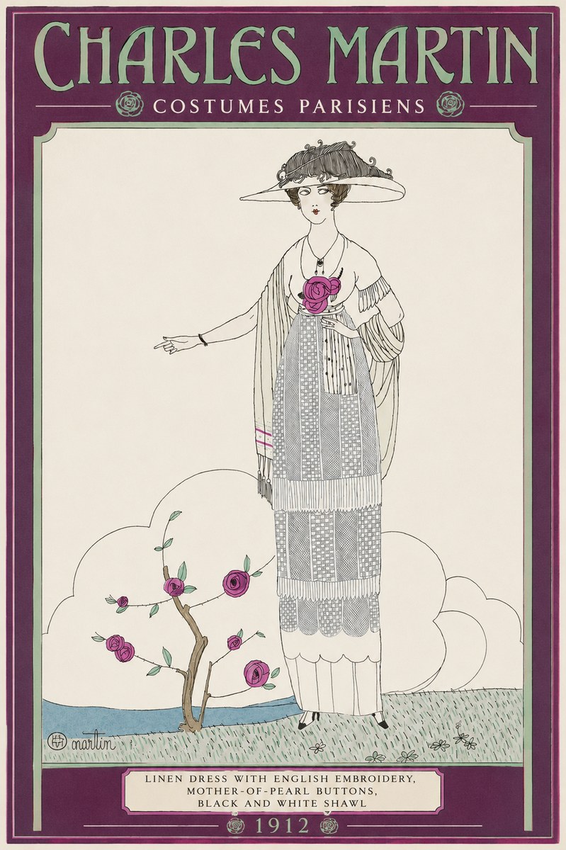 Charles Martin Linen Dress with English Embroidery, Mother-of-pearl Buttons, Black and White Shawl No2 - Affiche