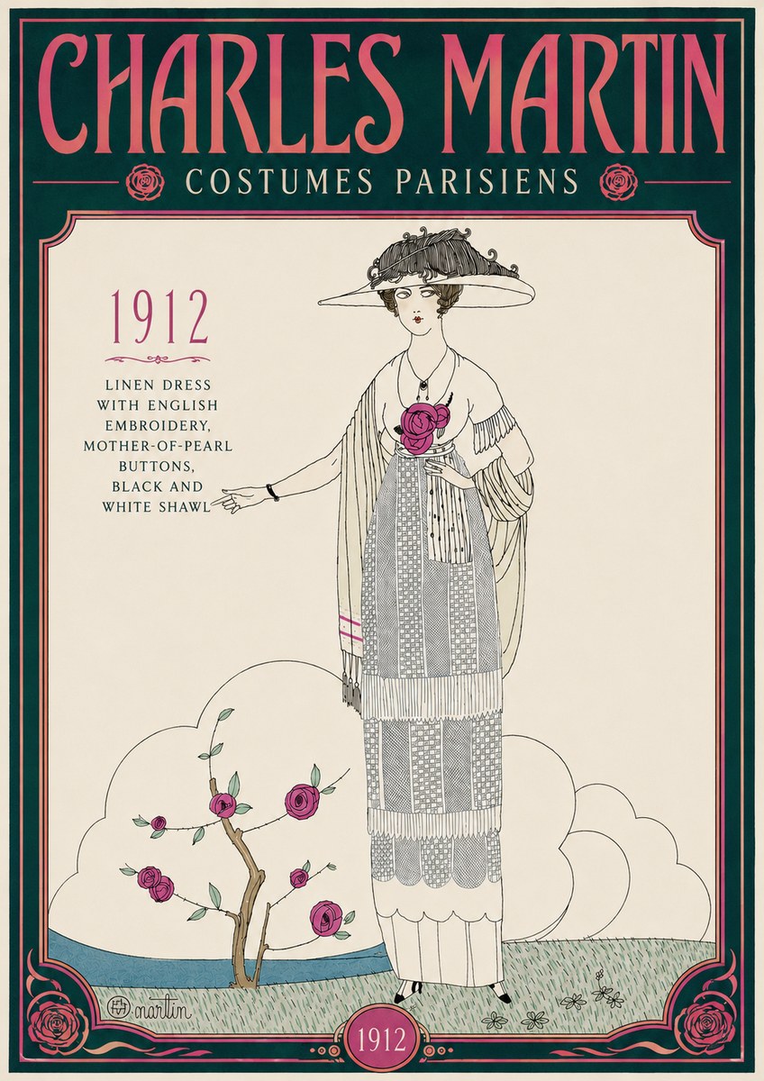 Charles Martin Linen Dress with English Embroidery, Mother-of-pearl Buttons, Black and White Shawl No4 - Affiche
