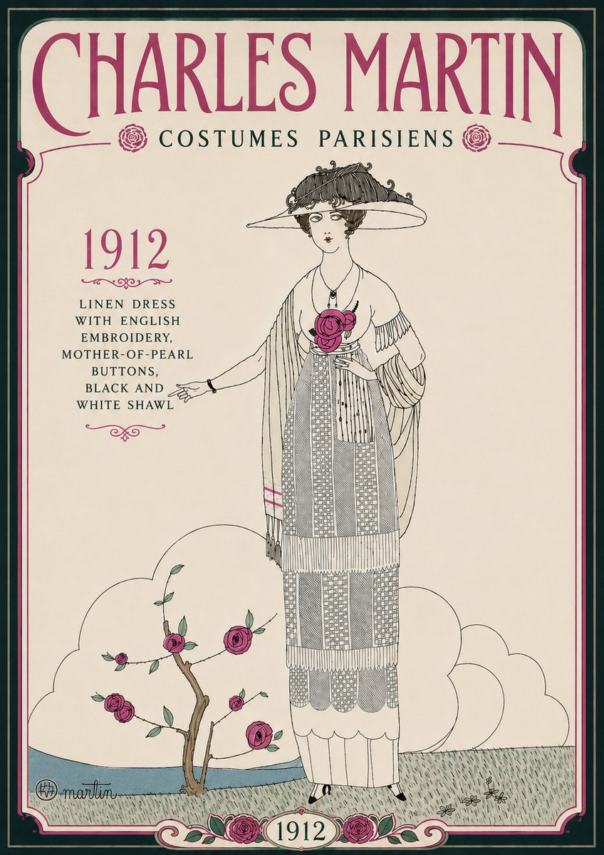 Charles Martin Linen Dress with English Embroidery, Mother-of-pearl Buttons, Black and White Shawl No6 - Affiche