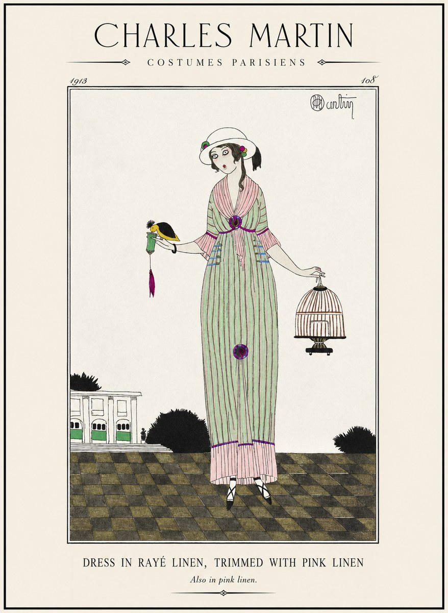 Charles Martin Dress in Rayé Linen, Trimmed with Pink Linen No1 - Affiche