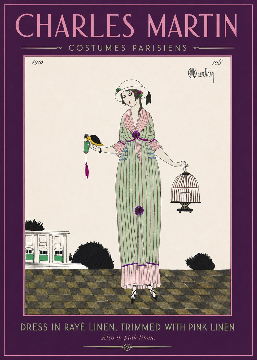 Charles Martin Dress in Rayé Linen, Trimmed with Pink Linen No2 - Affiche