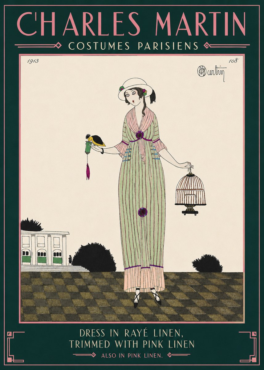 Charles Martin Dress in Rayé Linen, Trimmed with Pink Linen No4 - Affiche