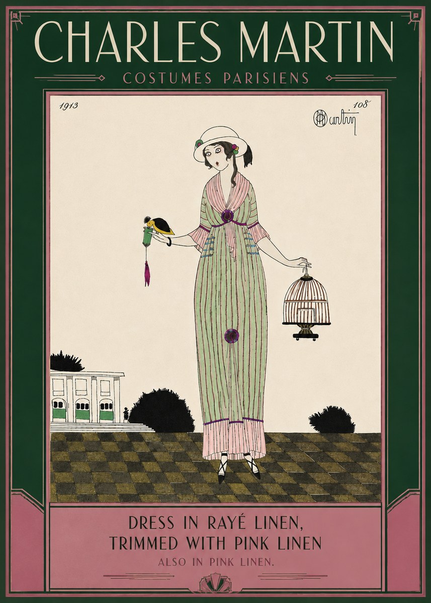 Charles Martin Dress in Rayé Linen, Trimmed with Pink Linen No6 - Affiche