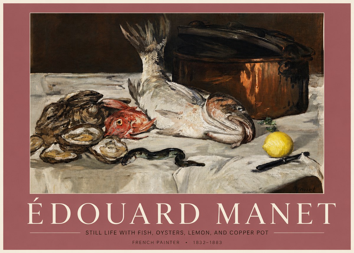 Édouard Manet Still Life with Fish, Oysters, Lemon, and Copper Pot No3 - Affiche
