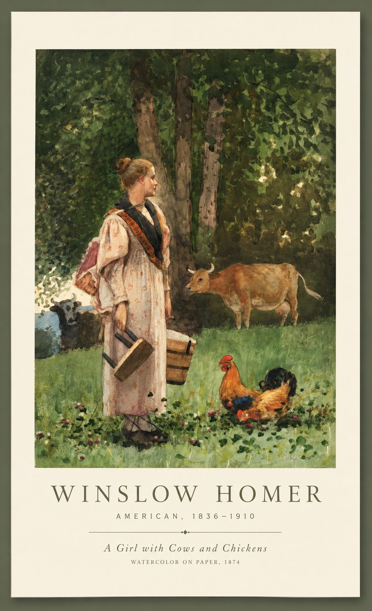 Winslow Homer A Girl with Cows and Chickens No1 - Affiche