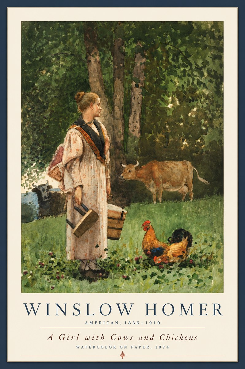 Winslow Homer A Girl with Cows and Chickens No2 - Affiche