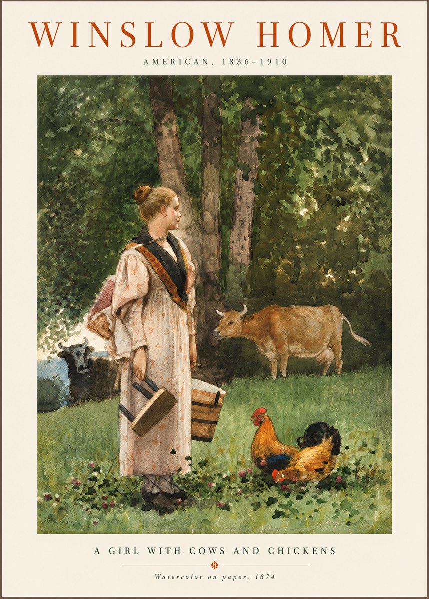 Winslow Homer A Girl with Cows and Chickens No6 - Affiche