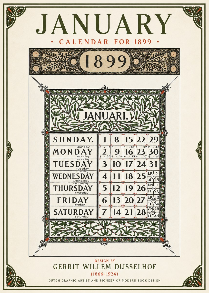 Gerrit Willem Dijsselhof January. Calendar for 1899. No1 - Affiche