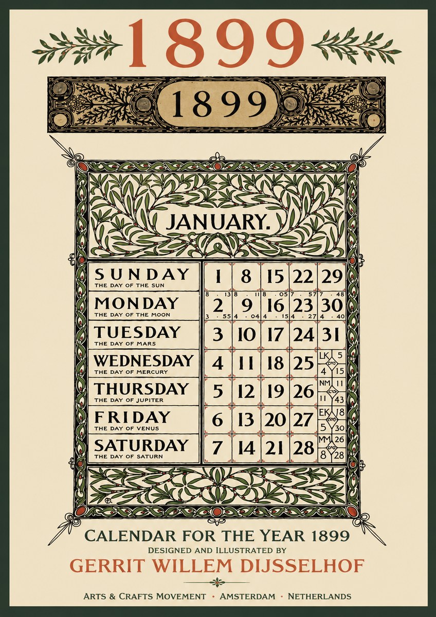 Gerrit Willem Dijsselhof January. Calendar for 1899. No3 - Affiche