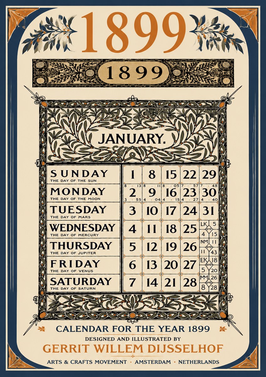Gerrit Willem Dijsselhof January. Calendar for 1899. No6 - Affiche