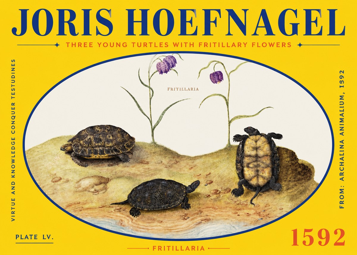 Joris Hoefnagel Three Young Turtles with Fritillary Flowers No2 - Affiche