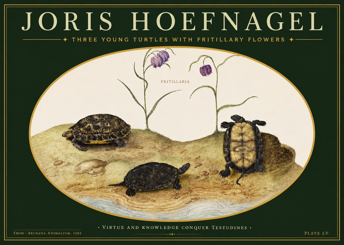 Joris Hoefnagel Three Young Turtles with Fritillary Flowers No3 - Affiche