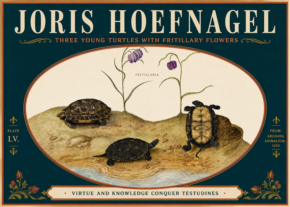 Joris Hoefnagel Three Young Turtles with Fritillary Flowers No6 - Affiche