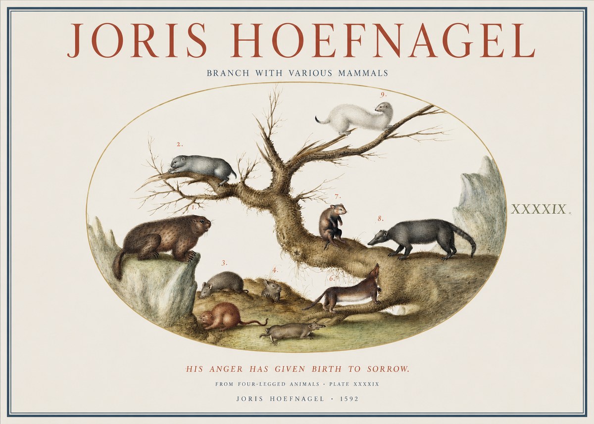 Joris Hoefnagel Branch with Various Mammals No1 - Affiche