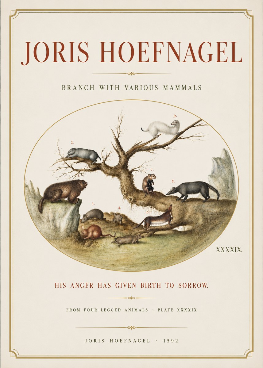Joris Hoefnagel Branch with Various Mammals No3 - Affiche