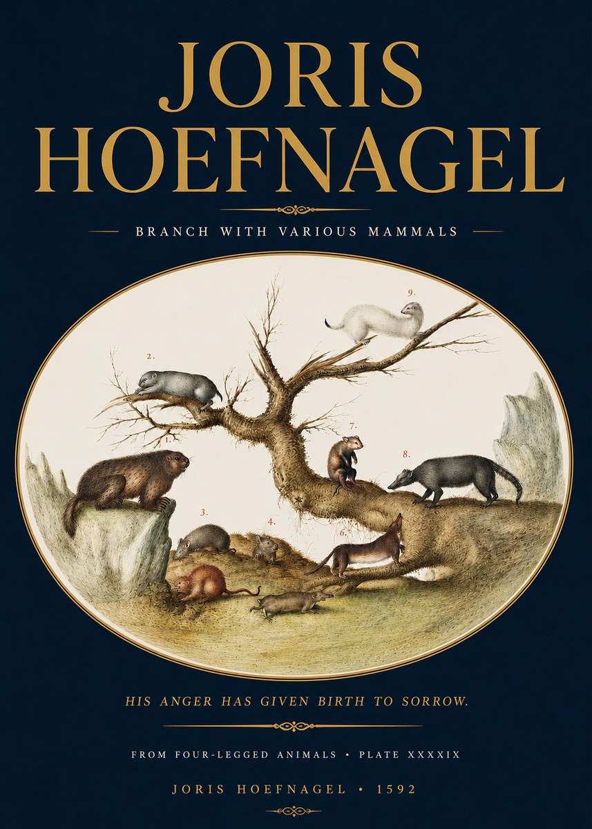 Joris Hoefnagel Branch with Various Mammals No4 - Affiche