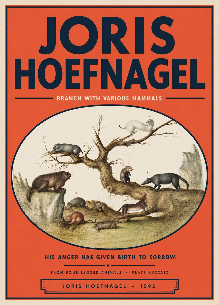 Joris Hoefnagel Branch with Various Mammals No5 - Affiche