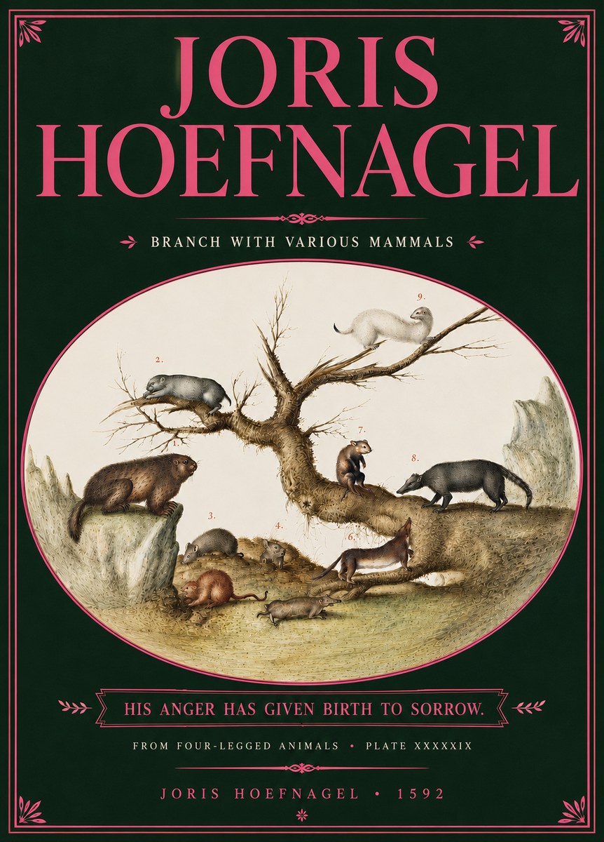 Joris Hoefnagel Branch with Various Mammals No6 - Affiche