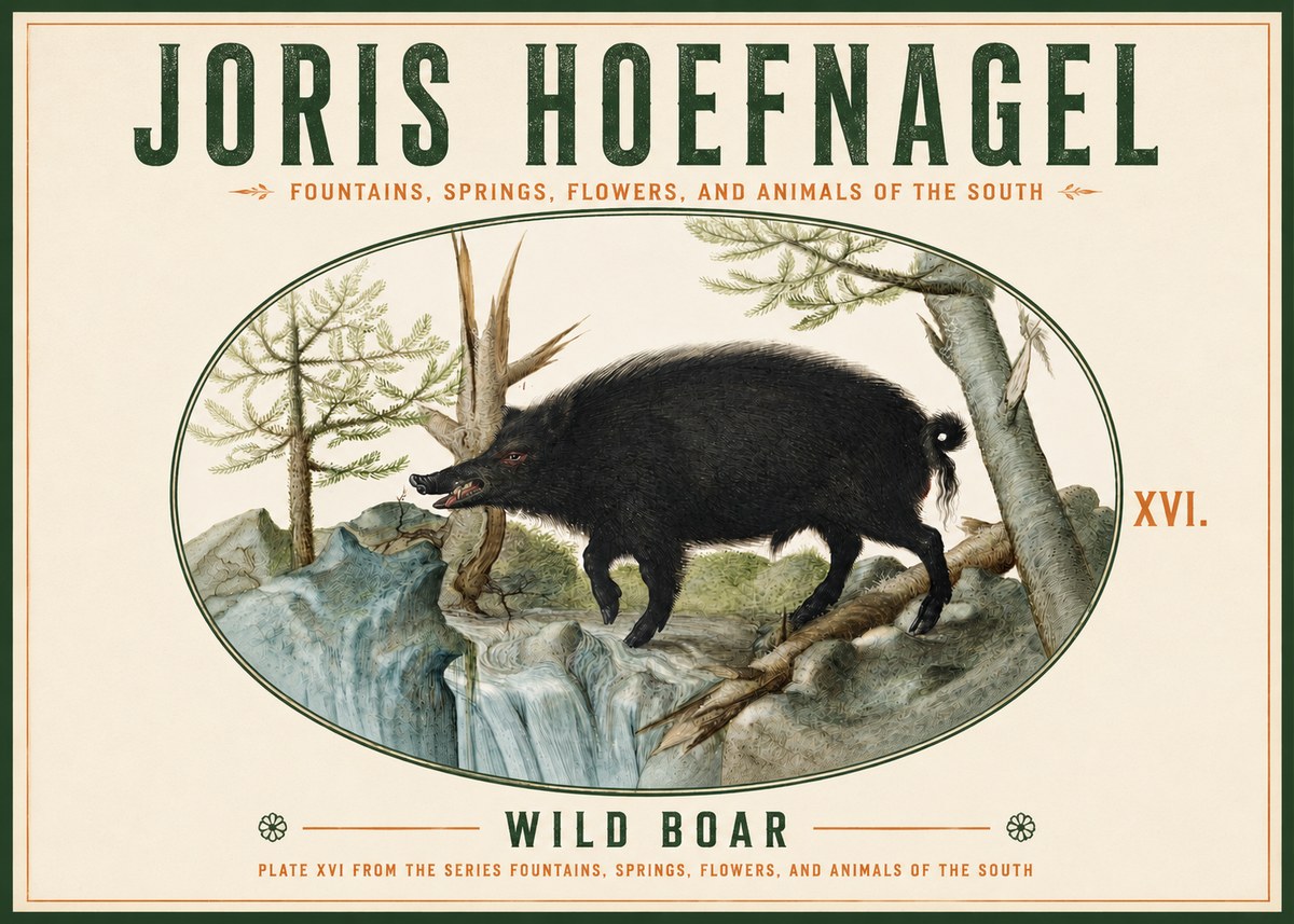 Joris Hoefnagel Fountains, Springs, Flowers, and Animals of the South - Plate Xvi No4 - Affiche
