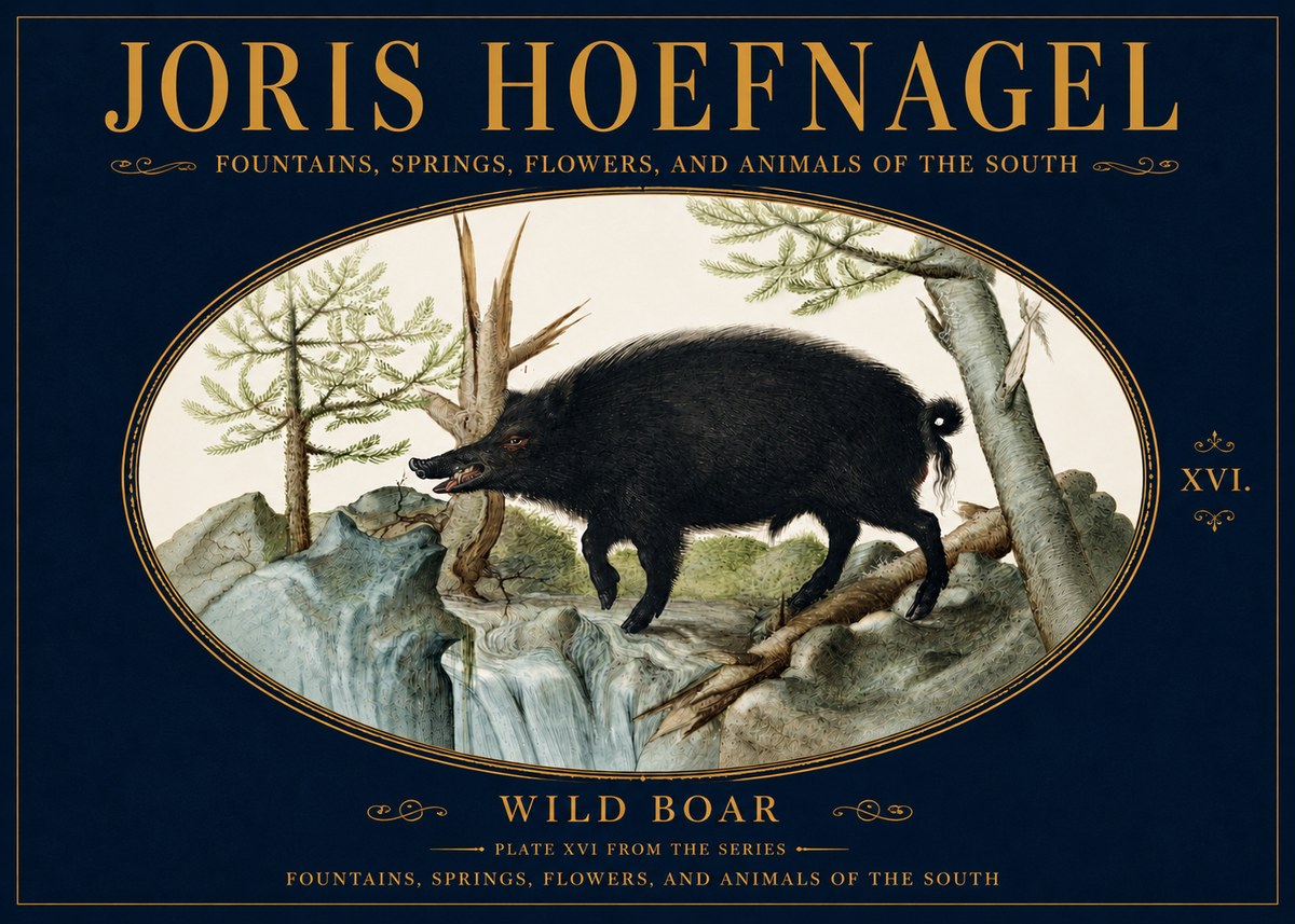 Joris Hoefnagel Fountains, Springs, Flowers, and Animals of the South - Plate Xvi No5 - Affiche