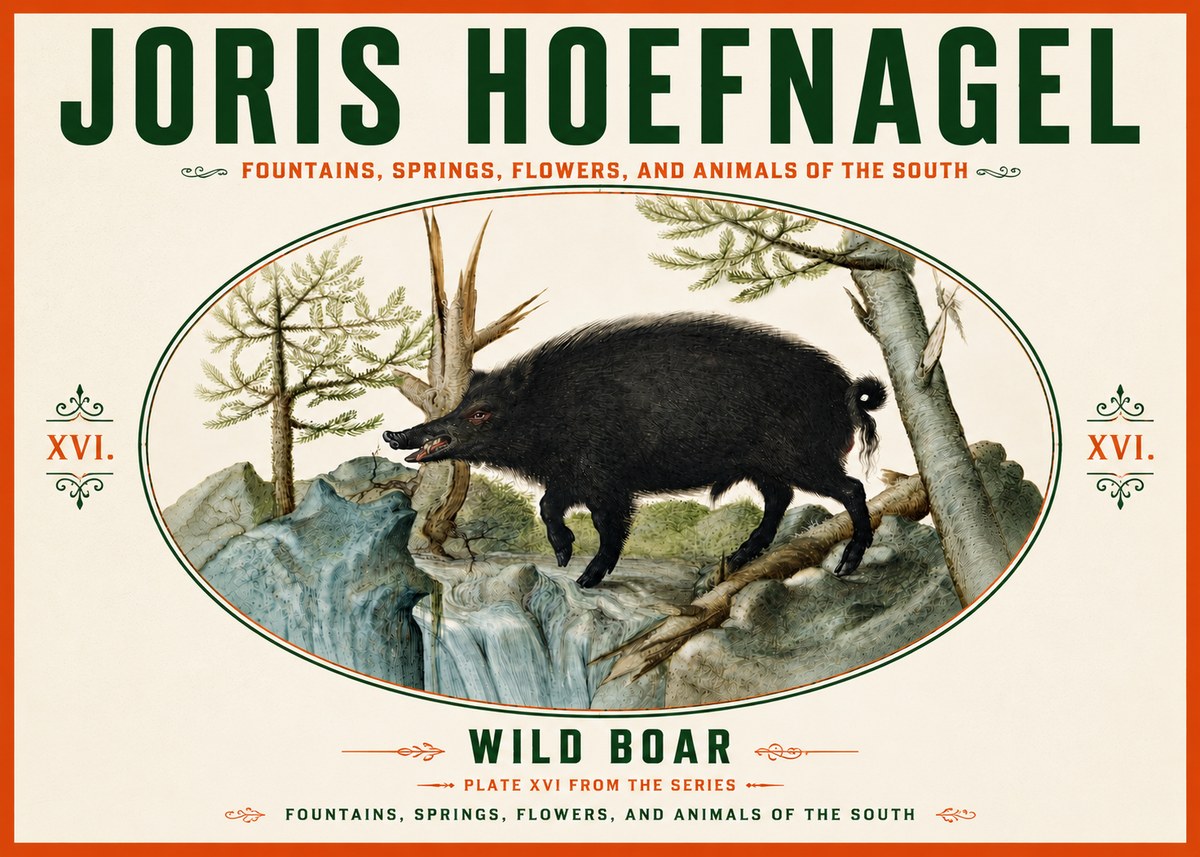 Joris Hoefnagel Fountains, Springs, Flowers, and Animals of the South - Plate Xvi No6 - Affiche