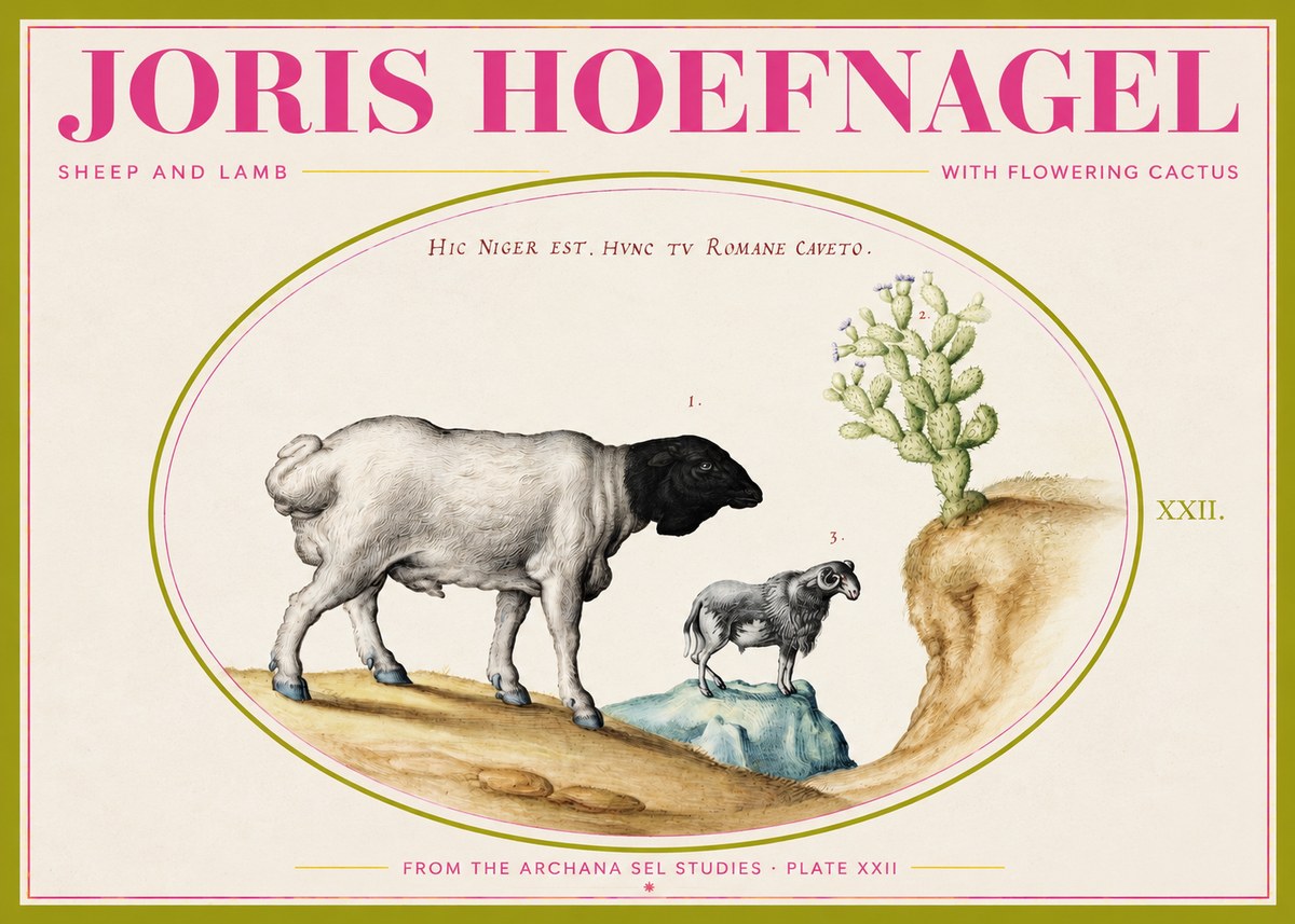 Joris Hoefnagel Sheep and Lamb with Flowering Cactus No2 - Affiche