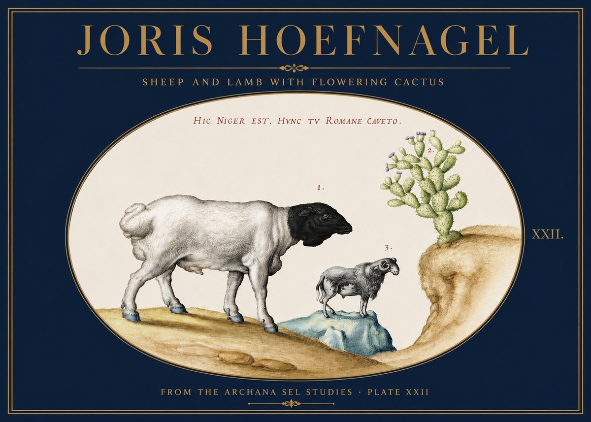 Joris Hoefnagel Sheep and Lamb with Flowering Cactus No3 - Affiche