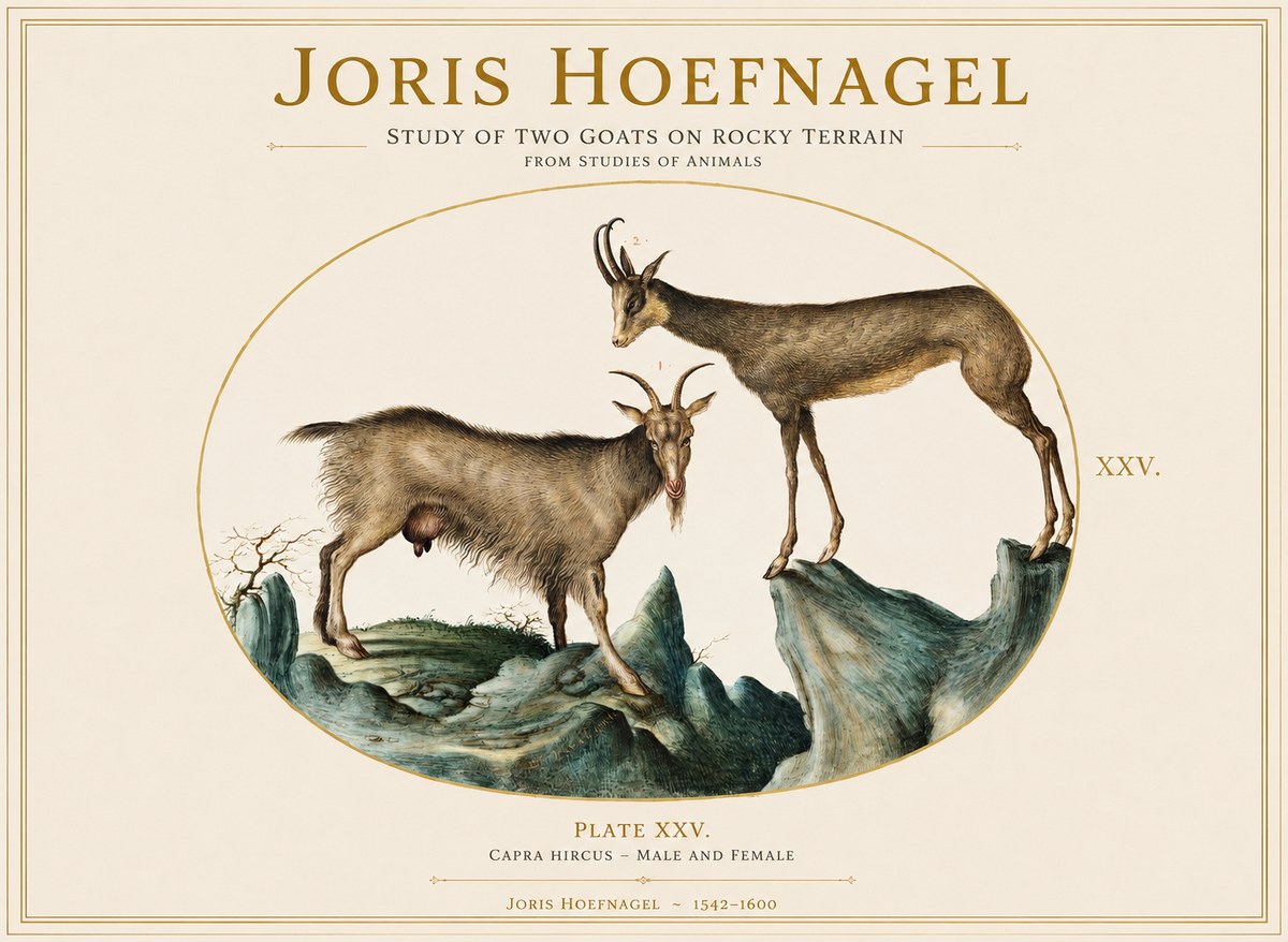 Joris Hoefnagel Study of Two Goats on Rocky Terrain No1 - Affiche
