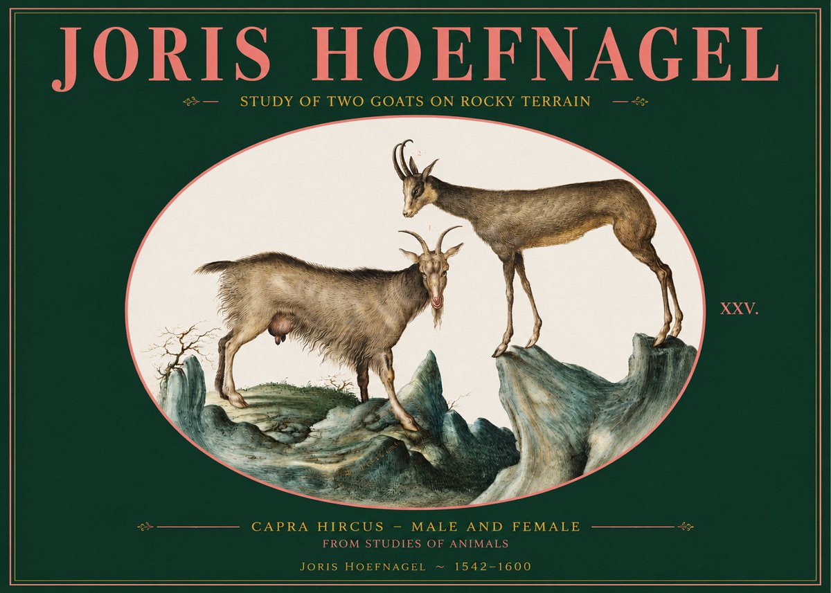 Joris Hoefnagel Study of Two Goats on Rocky Terrain No2 - Affiche
