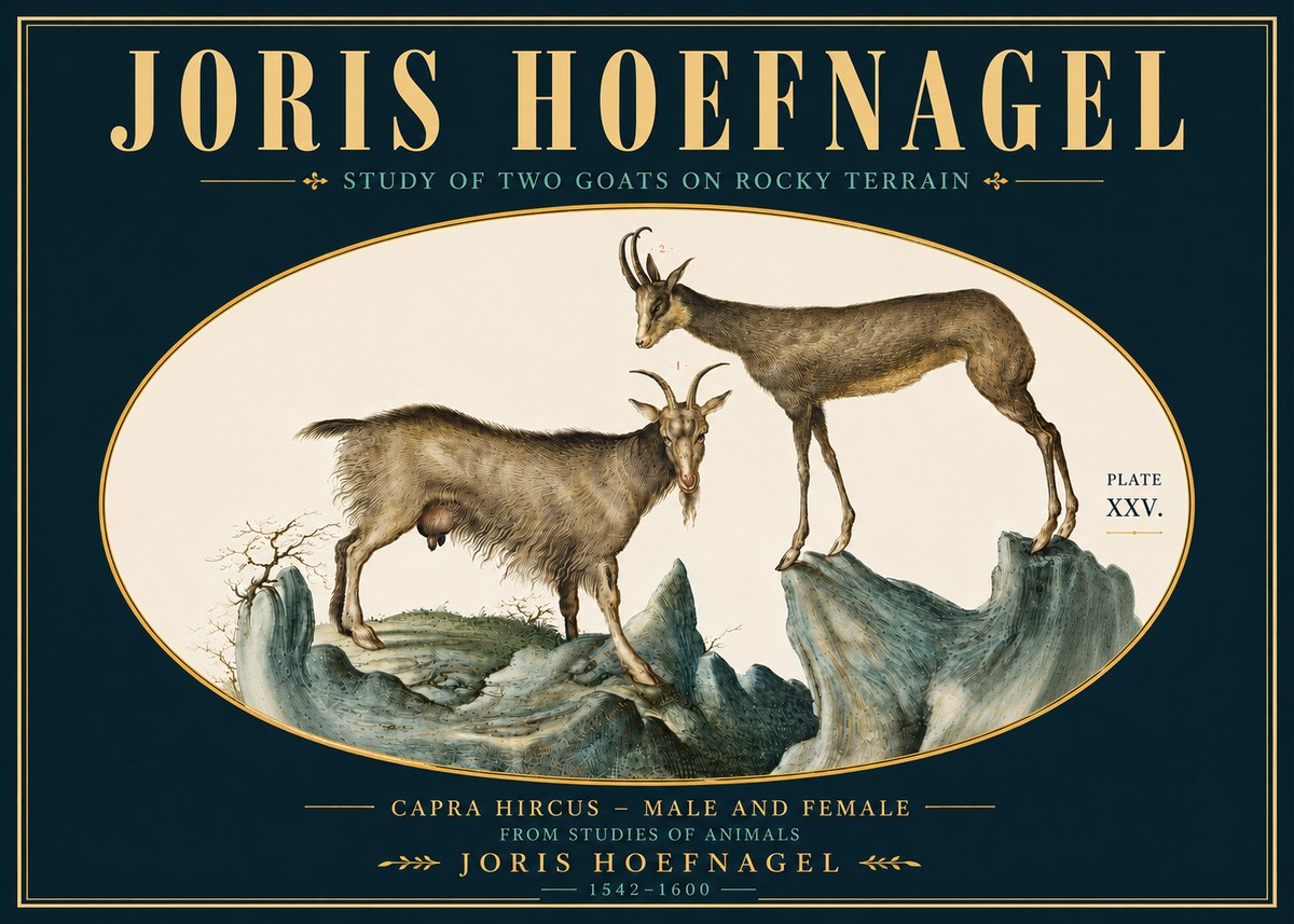 Joris Hoefnagel Study of Two Goats on Rocky Terrain No5 - Affiche
