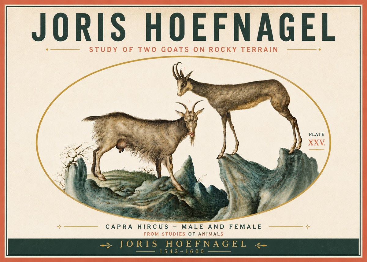 Joris Hoefnagel Study of Two Goats on Rocky Terrain No6 - Affiche