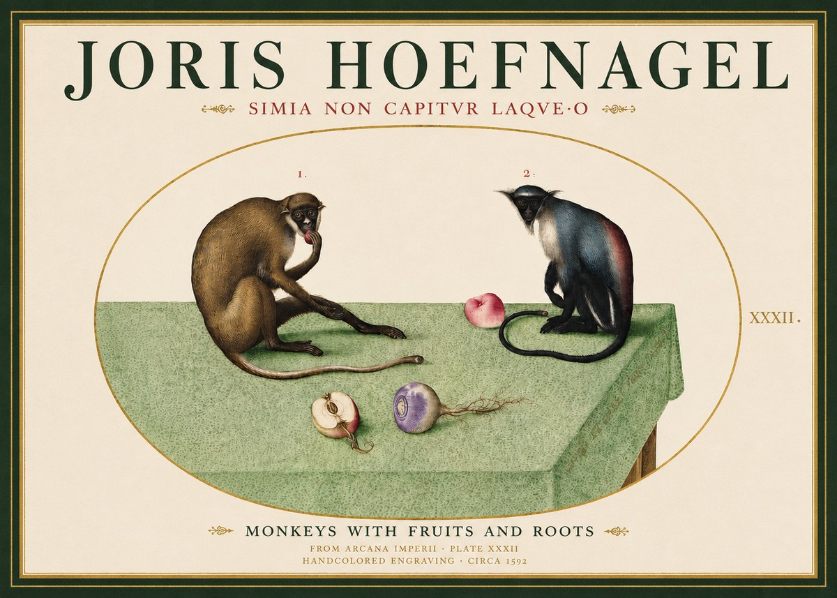 Joris Hoefnagel Monkeys with Fruits and Roots No3 - Affiche