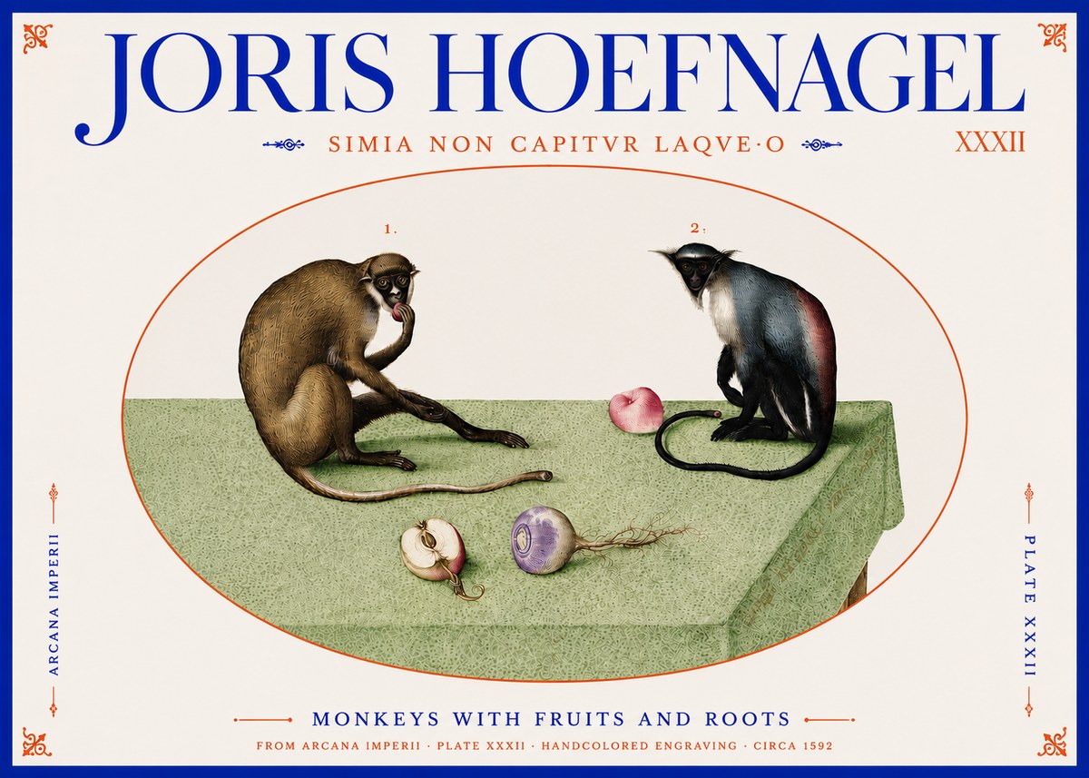 Joris Hoefnagel Monkeys with Fruits and Roots No4 - Affiche